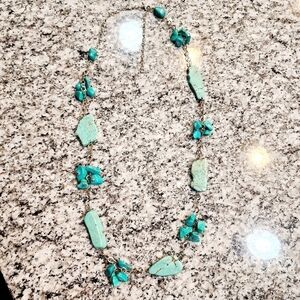 Large Slab Turquoise Necklace Silver Tone Chain w Extender Natural Stone EUC